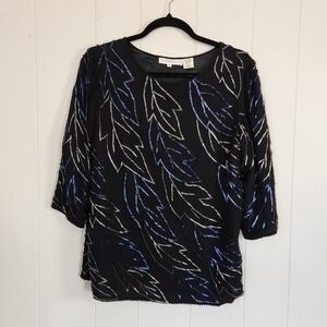 Vintage Marquis Black Silk Beaded Art Deco Long Sleeve Top 1970s 1980s Disco